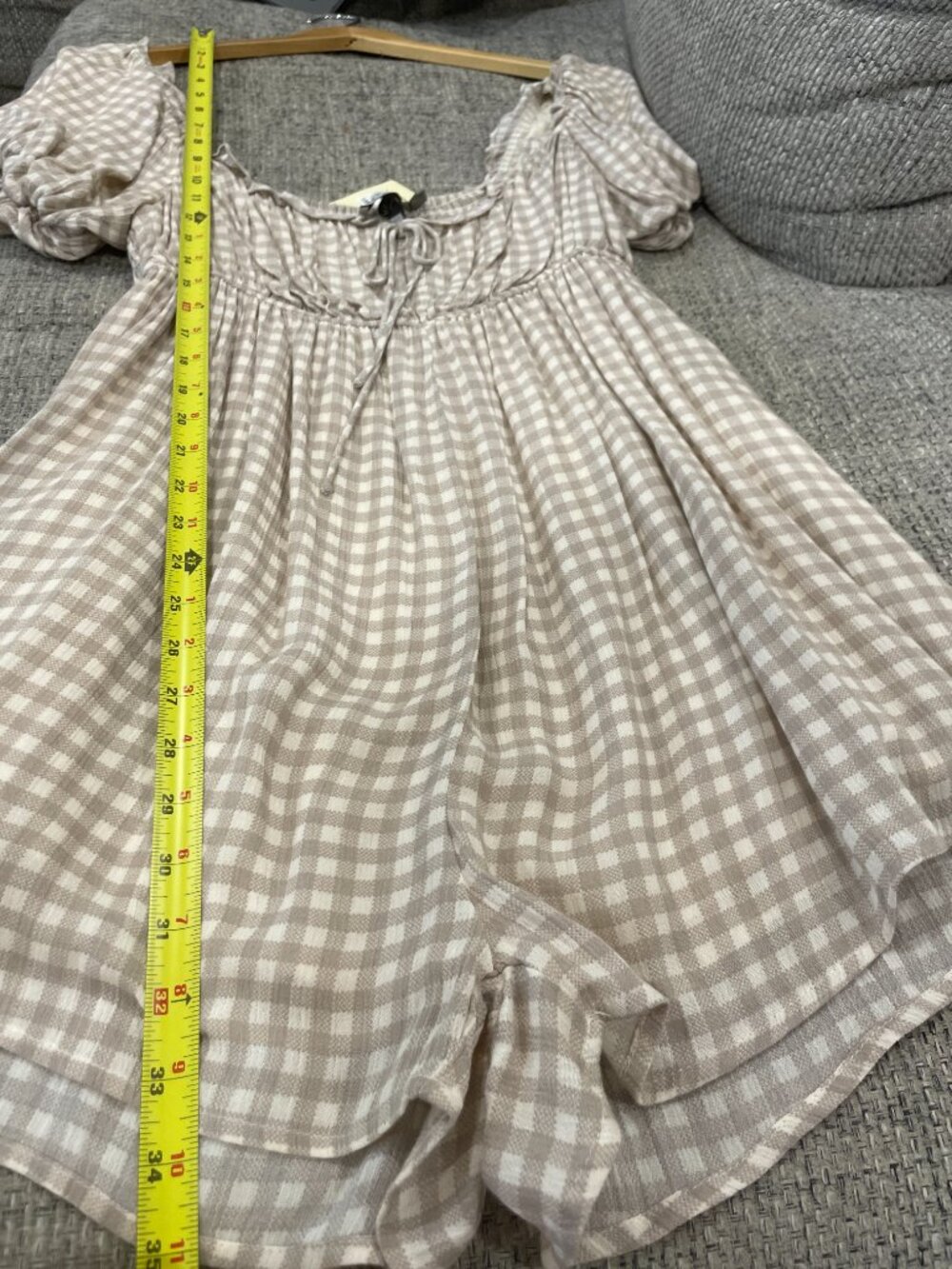 Gingham Babydoll Romper Rouched Back Puff Sleeve Pockets Elastic Waist Milkmaid - Picture 12 of 16
